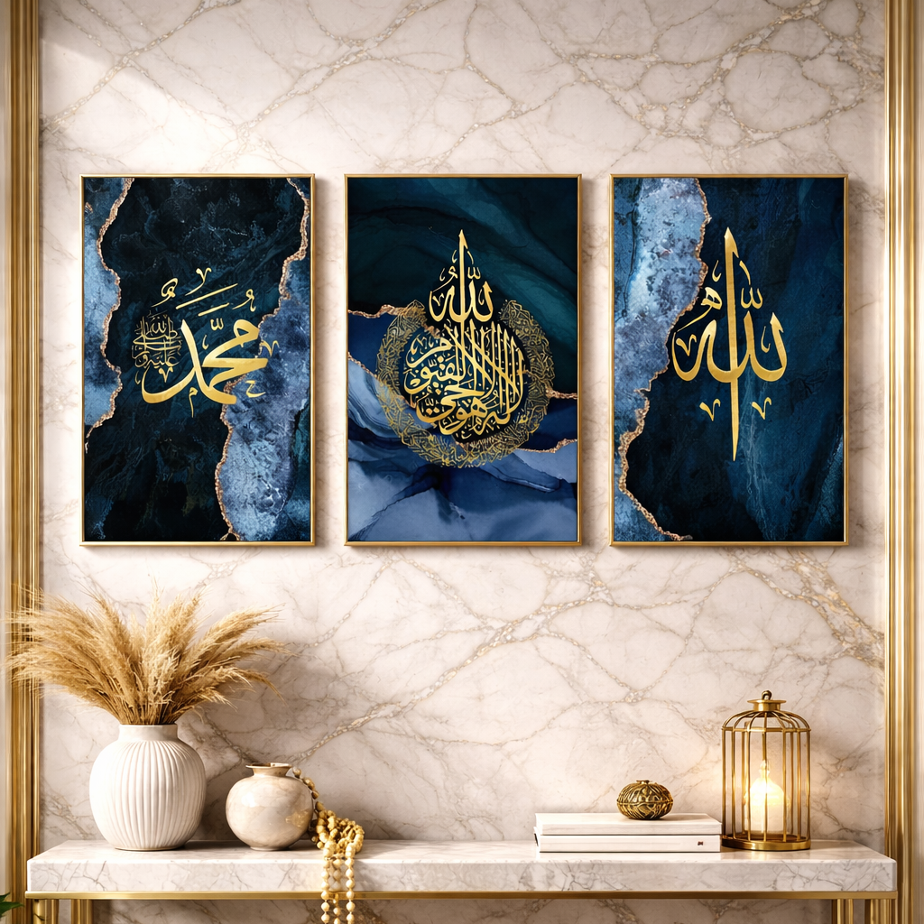 Islamic Calligraphy Wall Frames Set of 3 – Blue & Golden Modern Wall Décor ✨💙