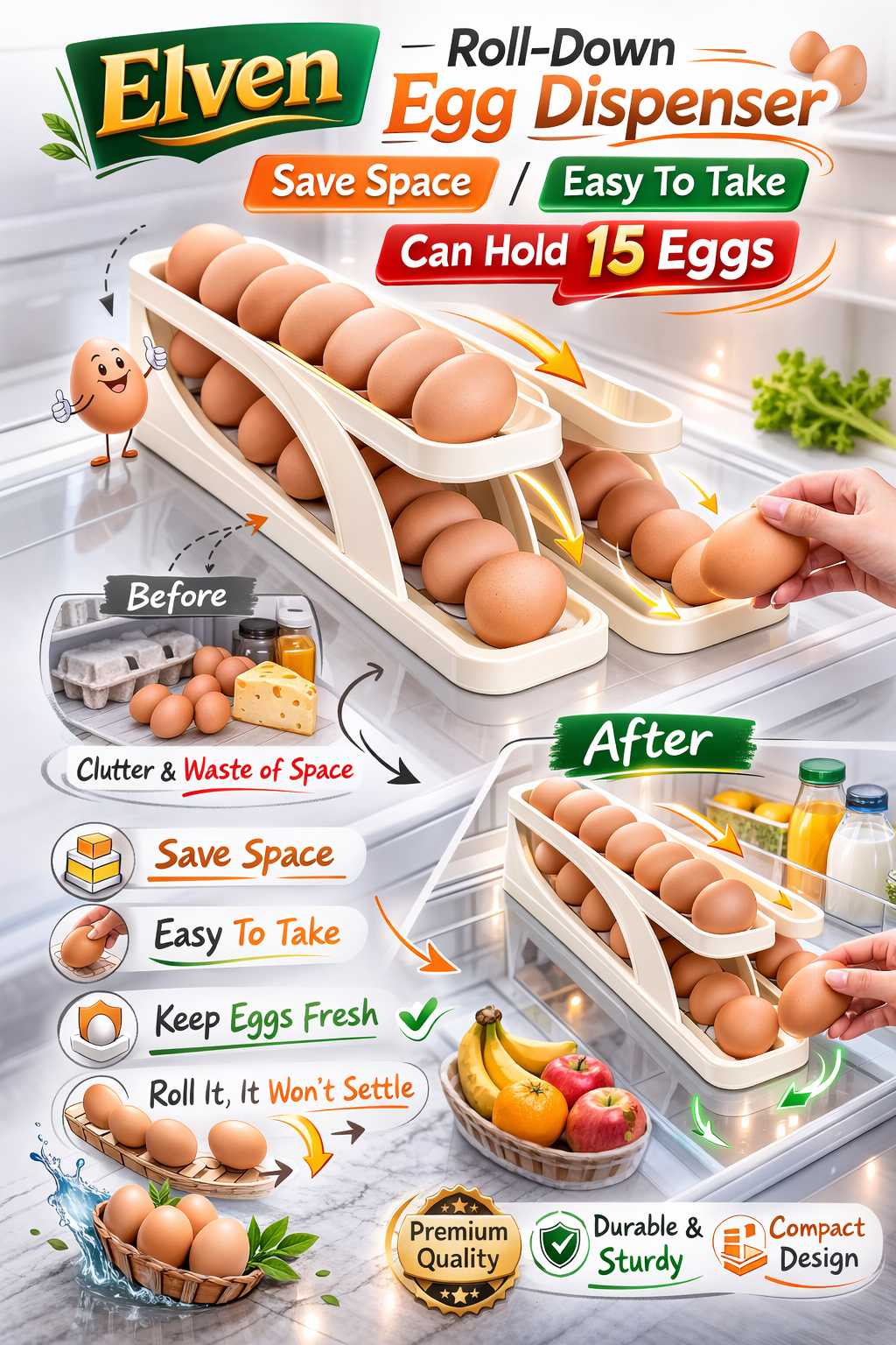 Space-Saving Rolling Egg Dispenser & Fridge Organizer