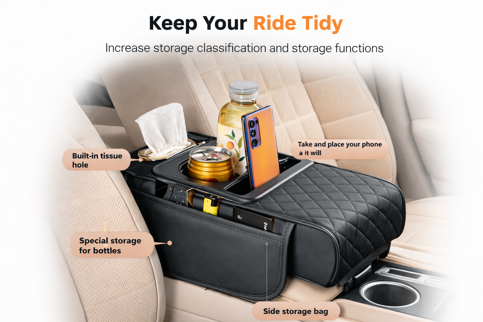 Leather Car Armrest Organizer with Tissue Box & Cup Holder