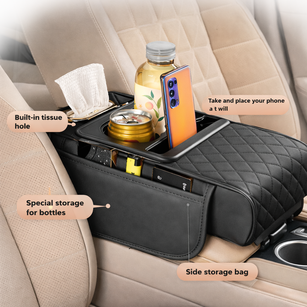 Leather Car Armrest Organizer with Tissue Box & Cup Holder