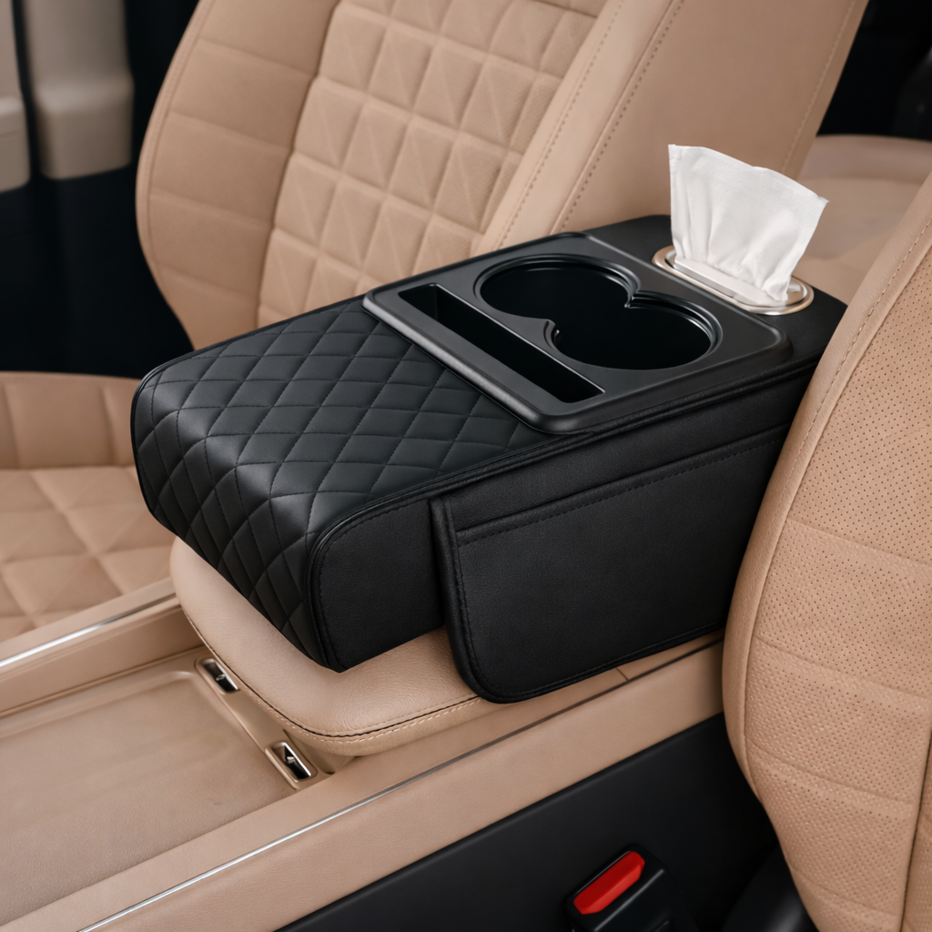 Leather Car Armrest Organizer with Tissue Box & Cup Holder
