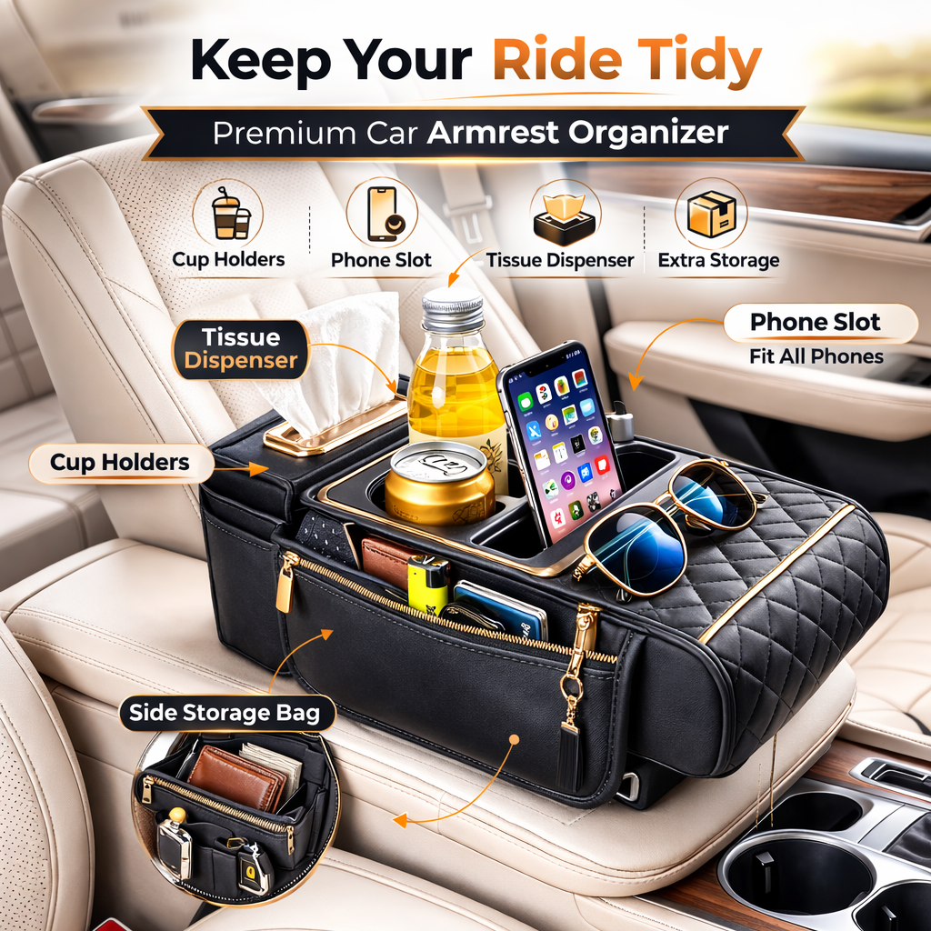 Leather Car Armrest Organizer with Tissue Box & Cup Holder