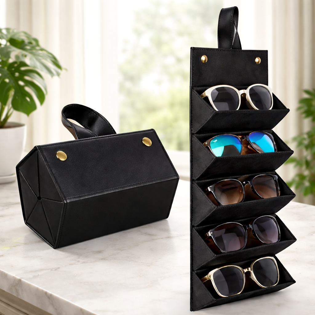 Leather Sunglasses Case – Portable Travel Sunglasses Organizer for Women & Men – Foldable Eyeglasses Storage Holder