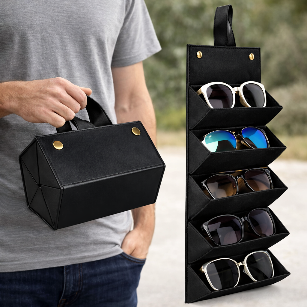 Leather Sunglasses Case – Portable Travel Sunglasses Organizer for Women & Men – Foldable Eyeglasses Storage Holder