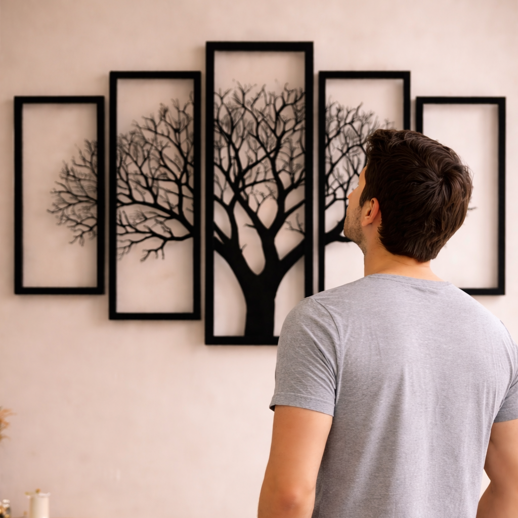 5 Frame 3D Wooden Tree Wall Art – Modern Black Home Decor Panels