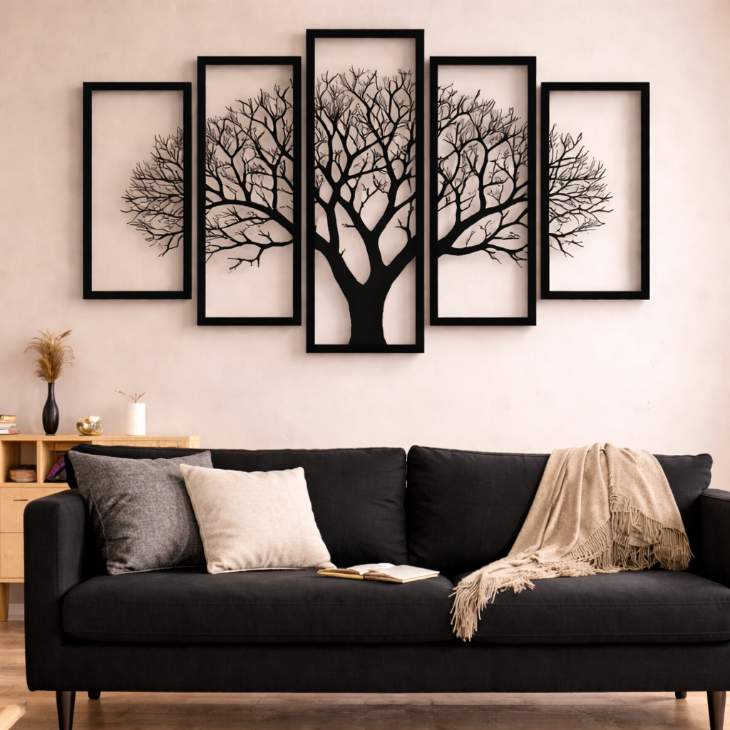 5 Frame 3D Wooden Tree Wall Art – Modern Black Home Decor Panels