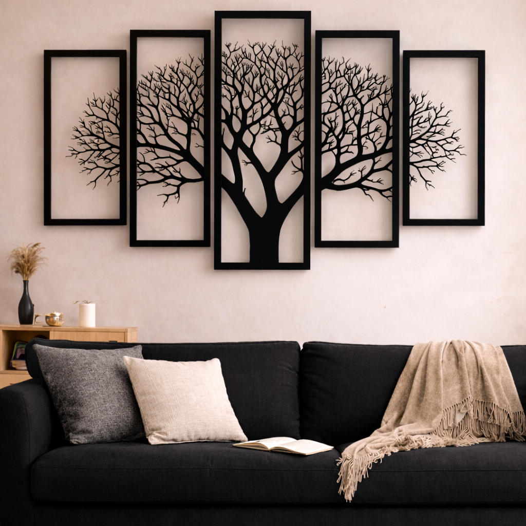 5 Frame 3D Wooden Tree Wall Art – Modern Black Home Decor Panels